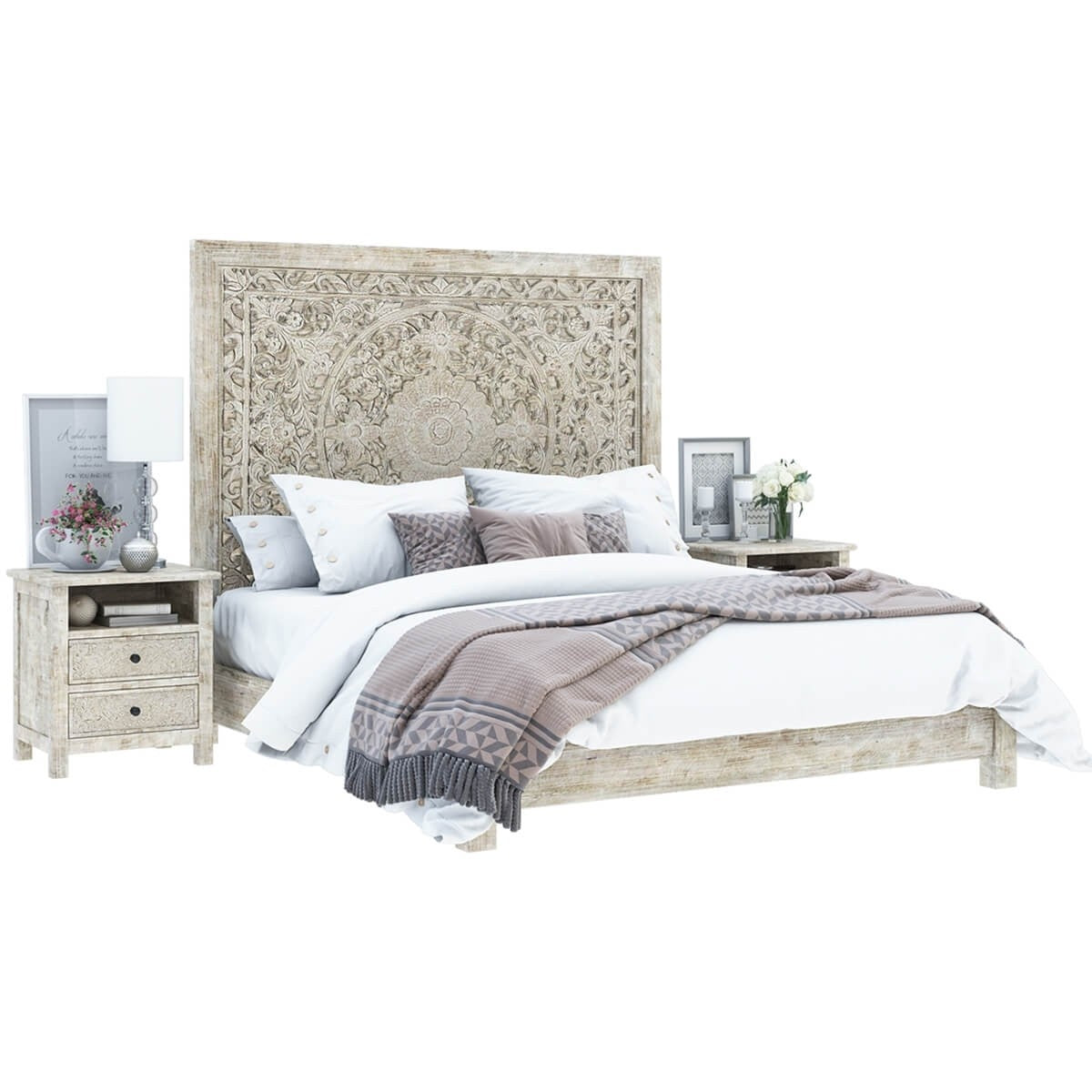 Hand Carved Indian Solid Wood Platform Bed with Moroccan Style Headboard - Elegant & Durable Bed Frame for Master Bedroom, Guest Room, or Boho Chic Home Decor