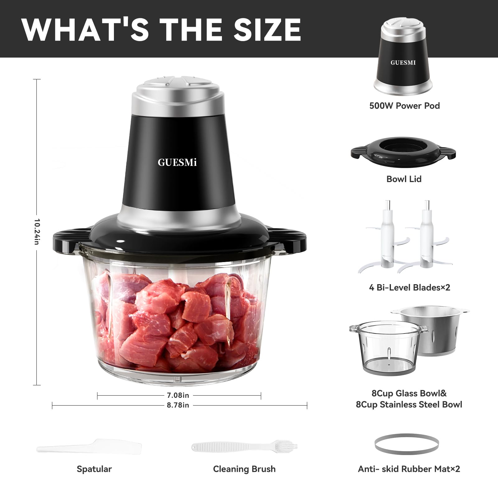 GUESMi 500W Electric Food Processor - Powerful Meat Grinder & Vegetable Chopper with 2 Stainless Steel Bowls (8 Cup Each) & Dual Blades - Perfect for Chopping Onions, Garlic, Nuts & Grinding Meat - Ideal for Meal Prep, Cooking & Baking