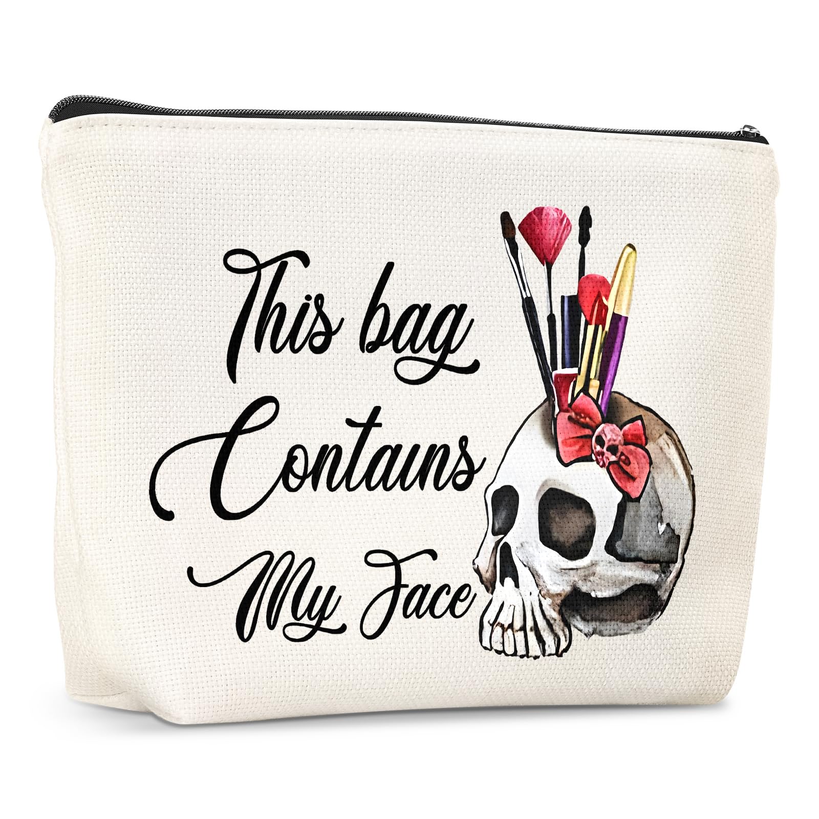 Funny Skull Cosmetic Makeup Bag - Halloween Gifts for Women, Best Friend & Sister Birthday Presents - 'This Bag Contains My Face' Zipper Toiletry Pouch - Perfect for Travel, Parties & Daily Use