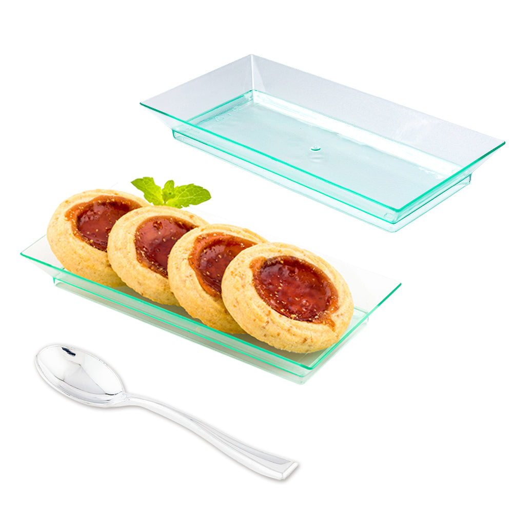 100-Pack Rectangle Seagreen Plastic Plates & 100 Silver Plastic Mini Spoons - Perfect for Parties, Picnics, and Outdoor Dining