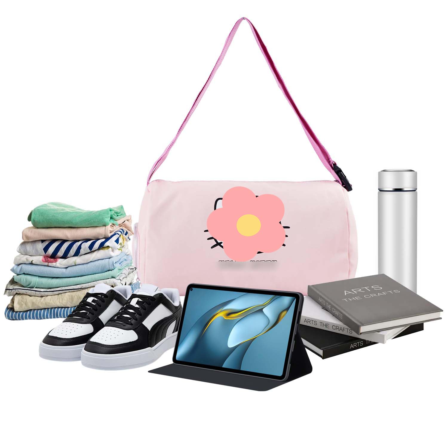 Anime Travel Tote Bag for Women - Foldable Lightweight Overnight Duffel Bag with Trolley Sleeve - Pink Cartoon Gym Work Bag - Perfect for Travel, Gym, Work & Weekend Getaways
