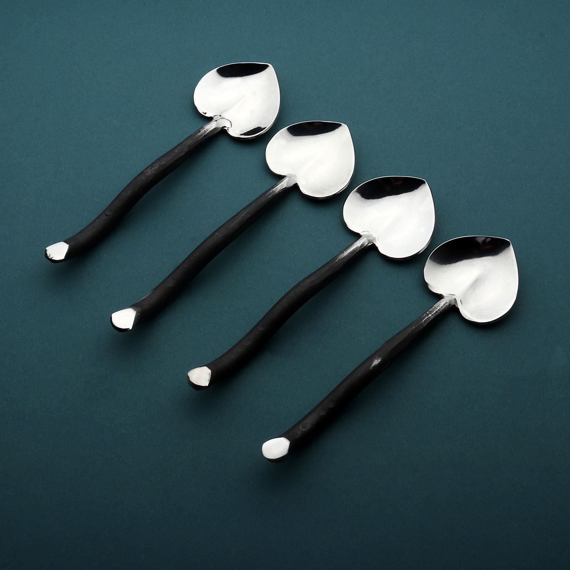 Twig Design Burnt Black Heart Spoon Set - 4 Pcs Stainless Steel Utensils | Dishwasher Safe | Perfect for Coffee, Tea, Desserts & Romantic Dining
