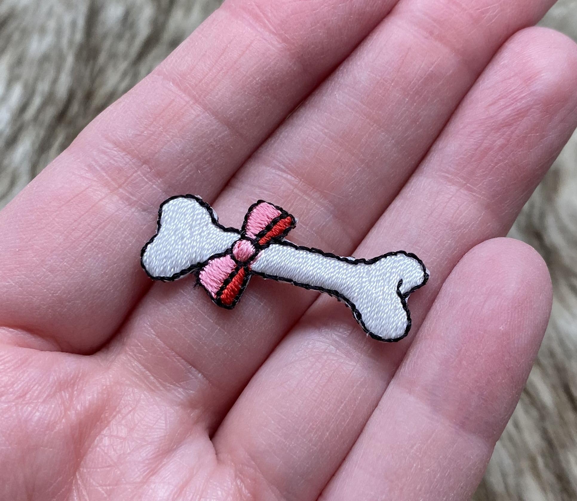 White Dog Bone with Pink Bow Embroidered Iron-On Patch for Pets - Perfect for DIY Pet Clothes, Costumes & Accessories