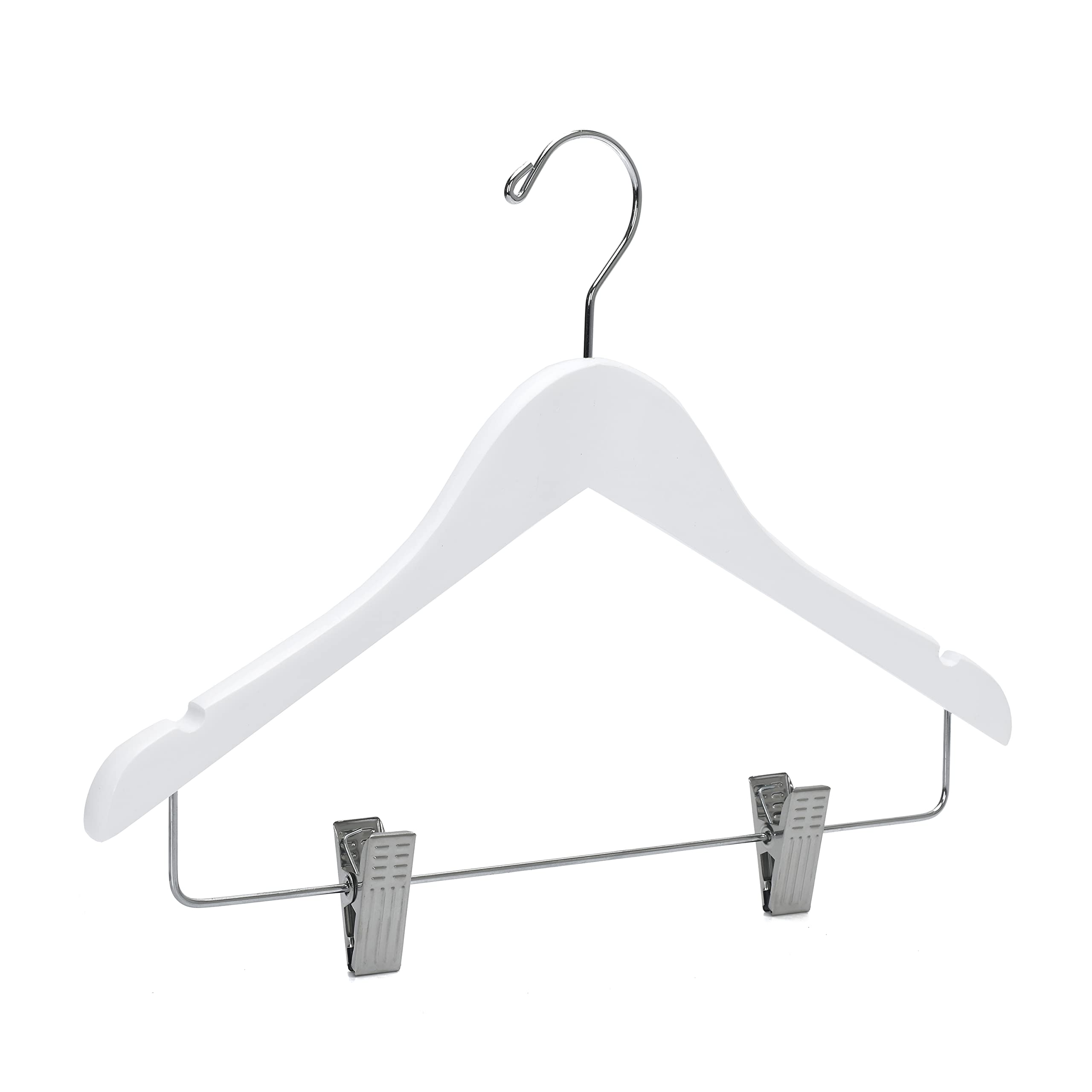 20 Pack Kids Skirt Hangers 14 Inches - Premium Wooden Clothes Hanger with Curved Shoulder, Swivel Chrome Hook & Adjustable Metallic Clips for Junior/Preteen/Youth | Non-Slip Notches, White | Perfect for Closet Organization, School Uniforms & Delicate Garments