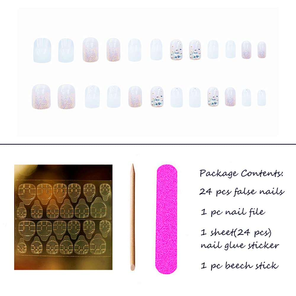 Aimimier 24Pcs Short Square False Nails with Rhinestone White Ombre - Press on Nails with Glue & Stickers - Salon Quality Acrylic Fake Nails for Women & Girls - Perfect for Parties, Weddings & Special Occasions