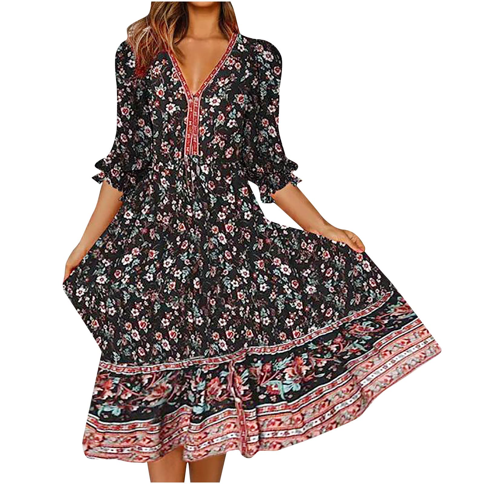 Women's Midi Summer Dresses - Floral Print Casual Half Sleeve Long Dress | Perfect for Beach Vacations, Date Nights & Summer Parties