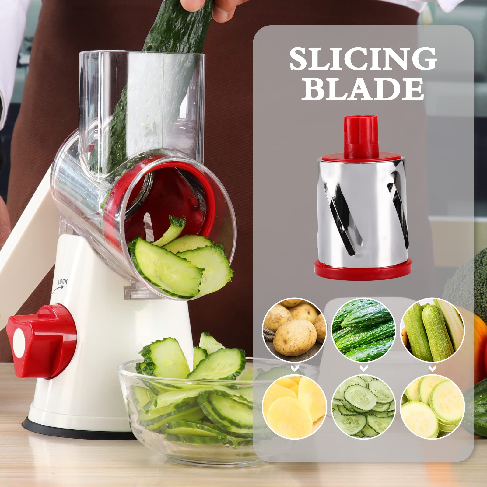 3-in-1 Rotary Cheese Grater & Vegetable Shredder - Manual Kitchen Mandoline Slicer for Potatoes, Carrots, Nuts, Garlic & Walnuts (White/Red) | Perfect for Salads, Pasta, Baking & Meal Prep