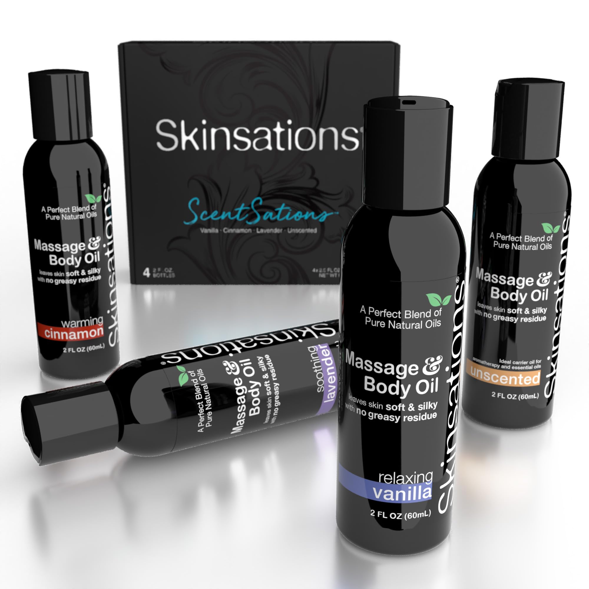 Skinsations - 4-Piece Aromatherapy Massage Oil Set with Vanilla, Cinnamon & Lavender | Natural Blend of Sweet Almond, Coconut, Grapeseed & Jojoba Oils | Perfect for Couples Massage, Spa Nights & Relaxation Therapy