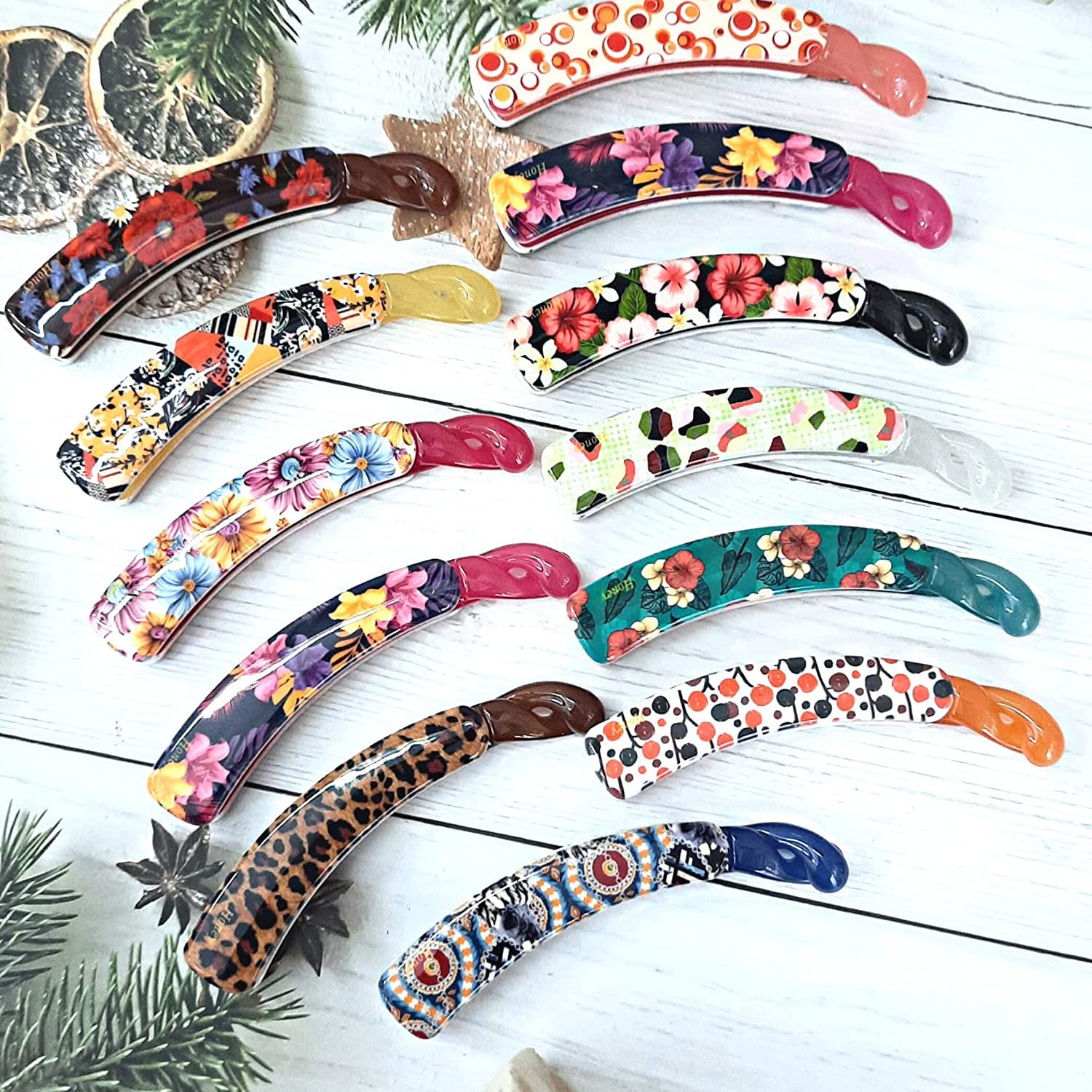 BIRDWARE Large Colorful Rubber Acrylic Banana Hair Clips for Women - 6 Pack Printed Hair Accessories | Perfect for Parties, Weddings & Everyday Styling
