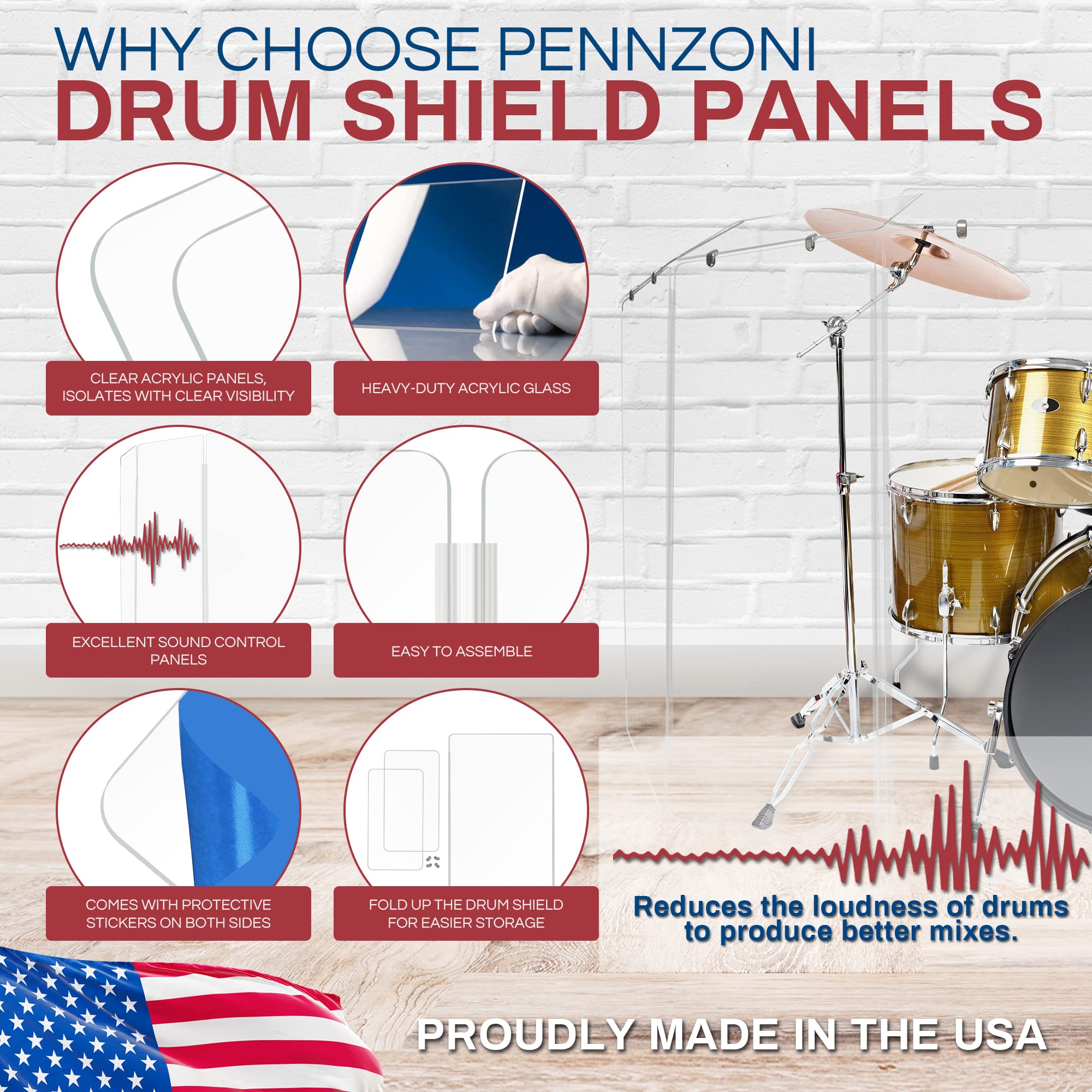 4ft Drum Shield with Deflectors & Plastic Hinges - 5 Clear Acrylic Drum Panels Included | Noise Reduction for Drum Practice, Studio Recording & Live Performances