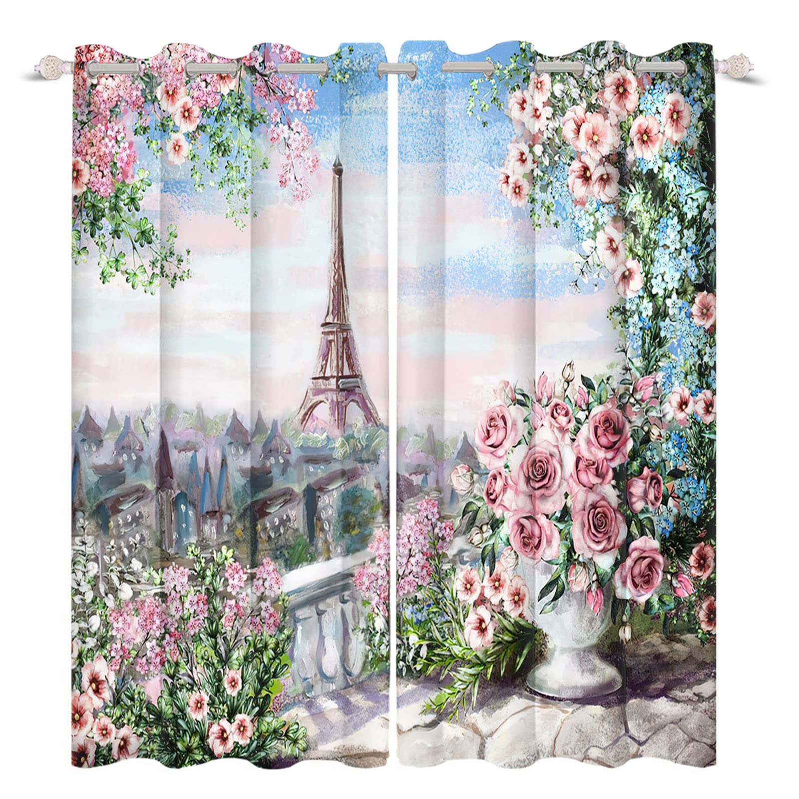 Paris Eiffel Tower Floral Curtains Set - Spring Oil Painting Design with Pink Flowers & Green Leaves, 53x96 Inch Window Treatments (2 Panels) for Bedroom & Living Room - Perfect for French Theme Decor & Balcony Scenery