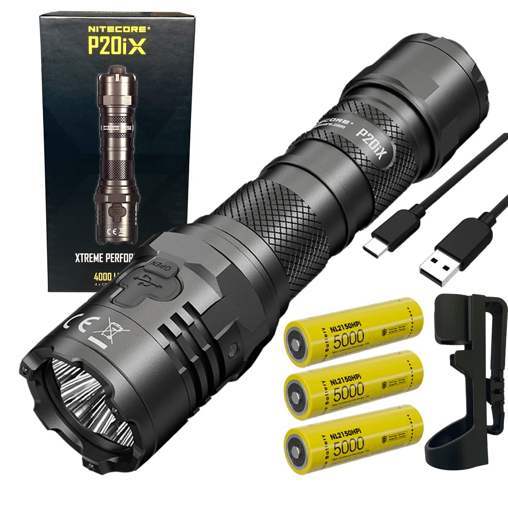 Nitecore P20iX 4000 Lumen USB-C Rechargeable LED Flashlight with Premium Accessories - 2X NL2150HPi Batteries & Eco-Sensa Belt Holster - Ideal for Camping, Hiking, Emergency and Outdoor Adventures