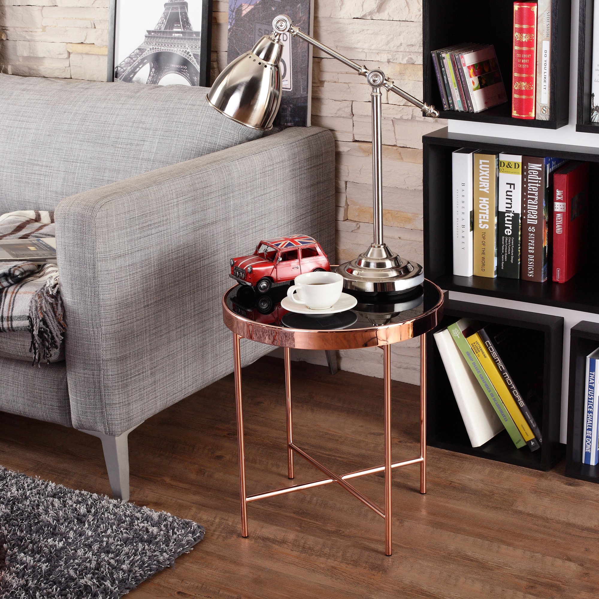 Fawn Contemporary End Table with Glass Top - Black & Rose Gold Accent - Modern Side Table for Living Room, Bedroom, or Office Decor