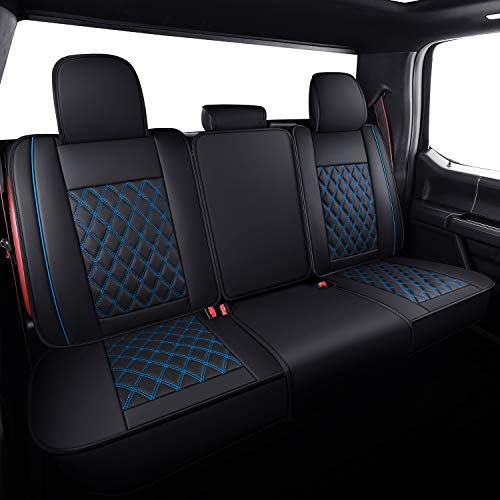 Premium Waterproof Leather Car Rear Seat Covers for 2009-2025 Ford F150 & 2017-2025 F250/F350/F450 - Universal SUV & Pickup Truck Seat Protectors (Black-Blue) - Perfect for Road Trips, Camping & Family Adventures