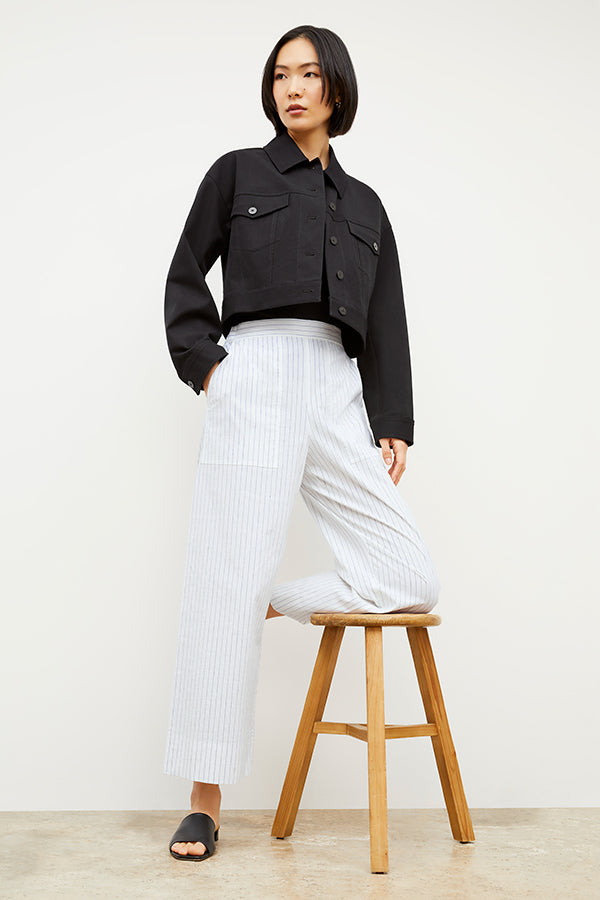 Madelyn Poplin Stripe Pants for Women - Blue & Ivory Casual Summer Trousers - Perfect for Office Wear, Weekend Outings & Beach Vacations