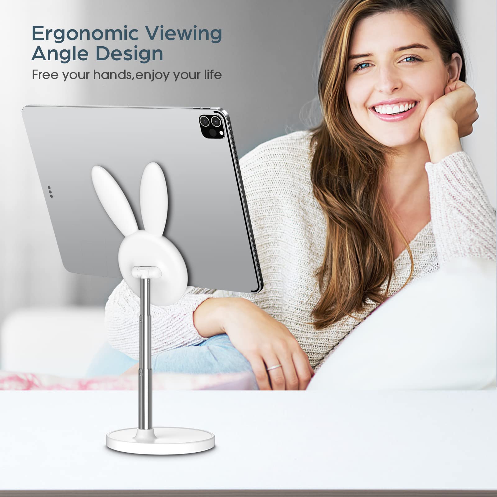 Adjustable Bunny Phone Stand for Desk - Cute Rabbit Phone Holder with Angle & Height Control - Compatible with All Smartphones & Tablets 4-10 inches (White) - Perfect for Home Office, Bedside, Kitchen & Video Watching