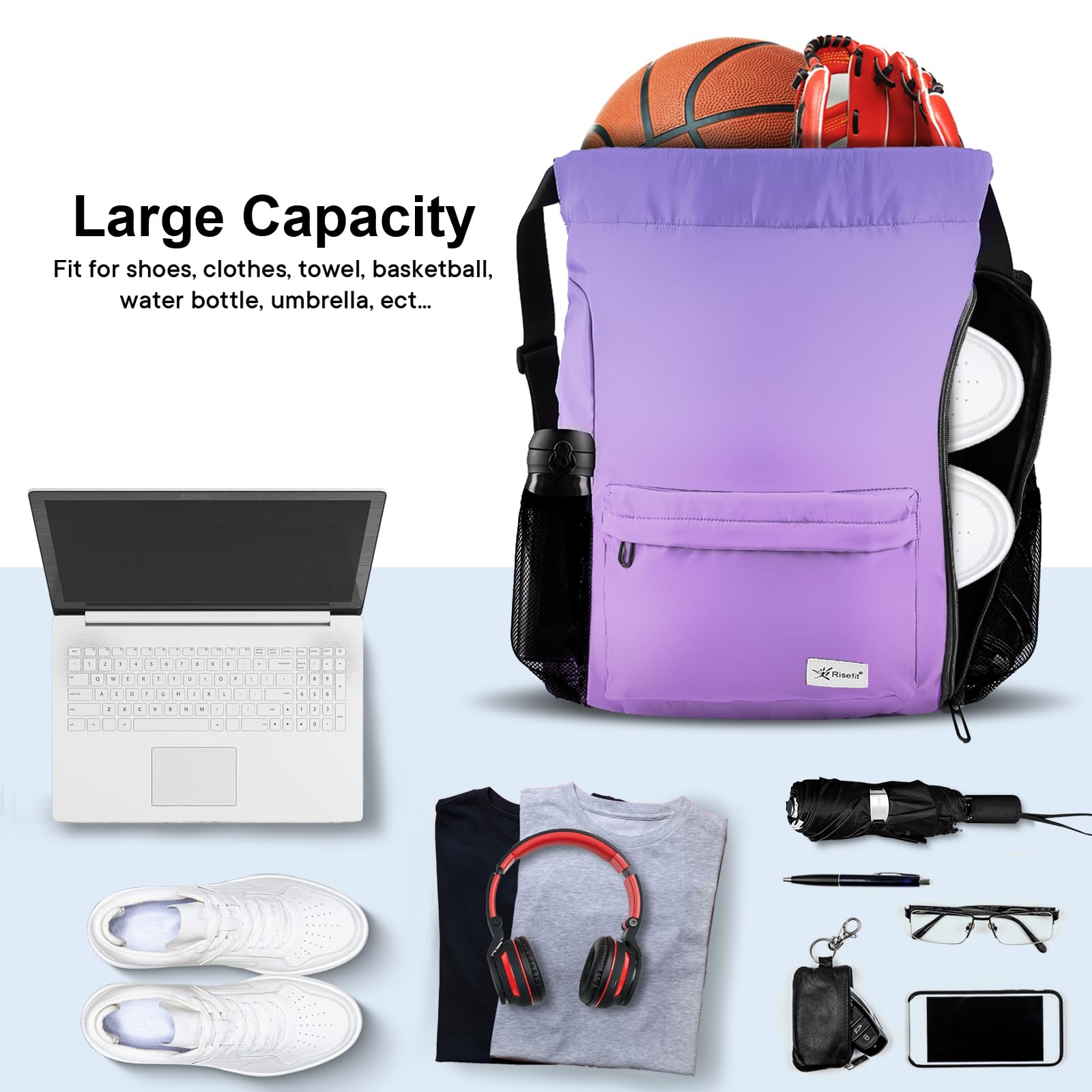 **Drawstring Backpack with Mesh Pockets - Lightweight Water-Resistant Gym Bag for Men & Women - Perfect for Beach, Travel, Sports & Workout**