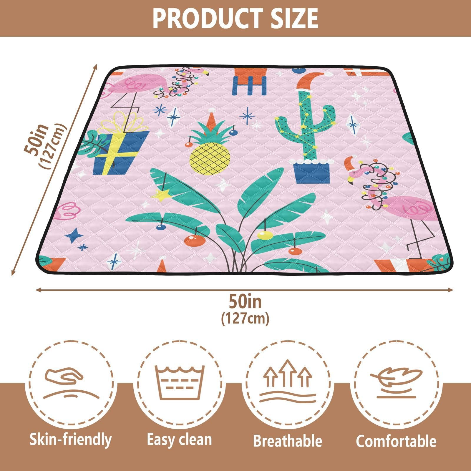 Christmas Tropical Plants & Flamingo Hope Hat Foldable Baby Play Mat – 50'' x 50'' Washable Padded Activity Mat for Infants, Toddlers & Kids | Indoor & Outdoor Use for Playtime, Crawling & Tummy Time