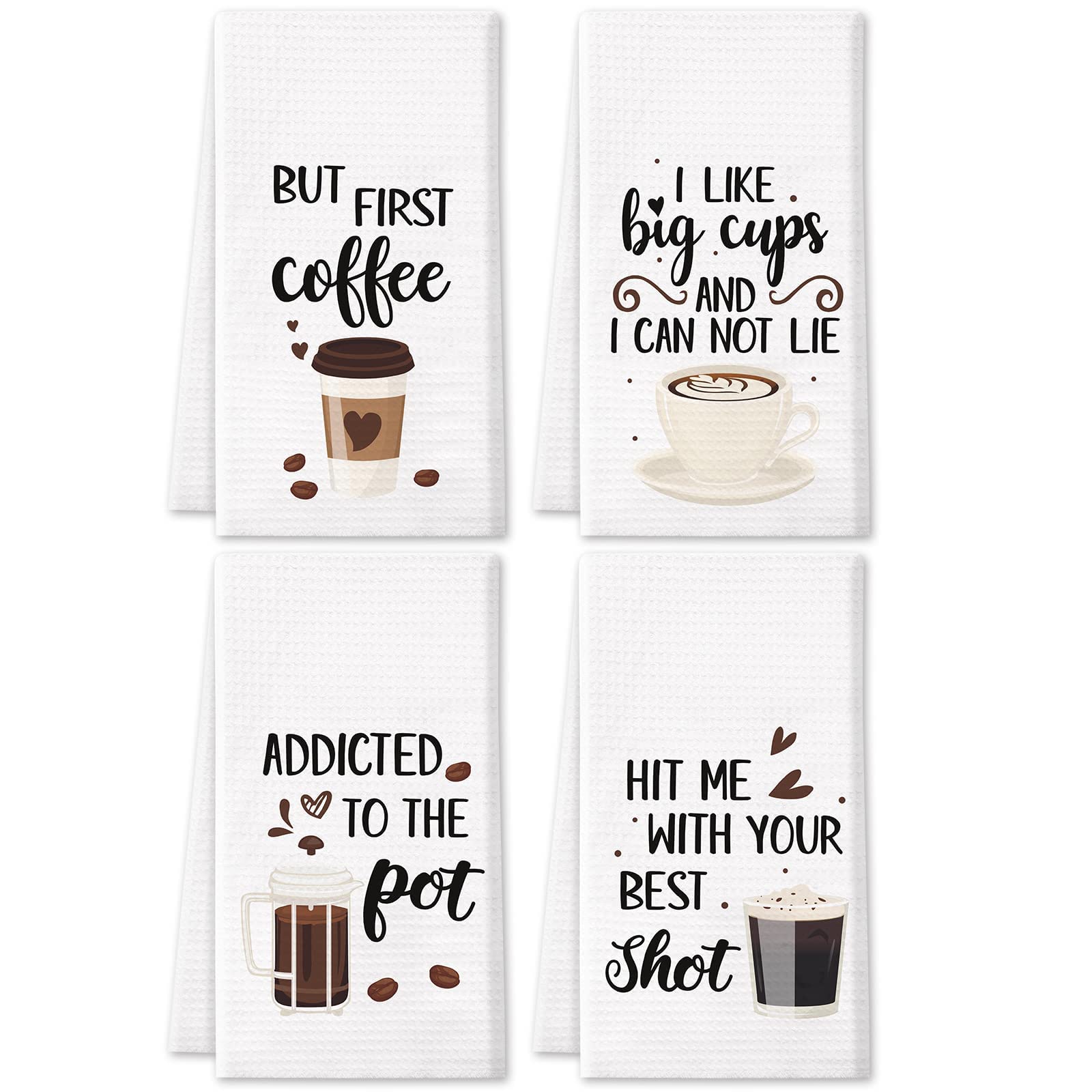 Vansolinne Coffee Kitchen Waffle Towels Set of 4 - Absorbent Dish Towels for Coffee Bar, Hostess Gifts & Home Decor - Perfect for Kitchens, Cafes & Gift Giving