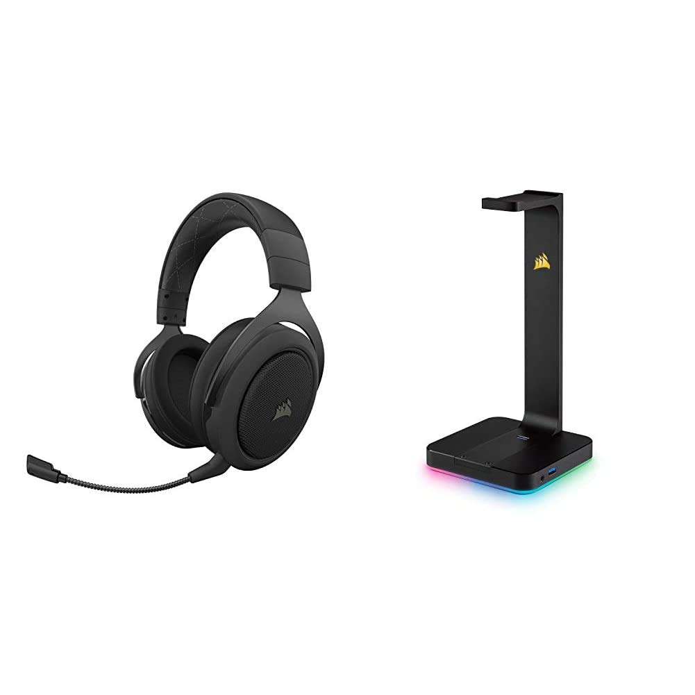 Corsair HS70 PRO Wireless Gaming Headset with 7.1 Surround Sound, Carbon Black - Corsair ST100 RGB Premium Headset Stand - Perfect for PC Gaming, Streaming & Home Office Use