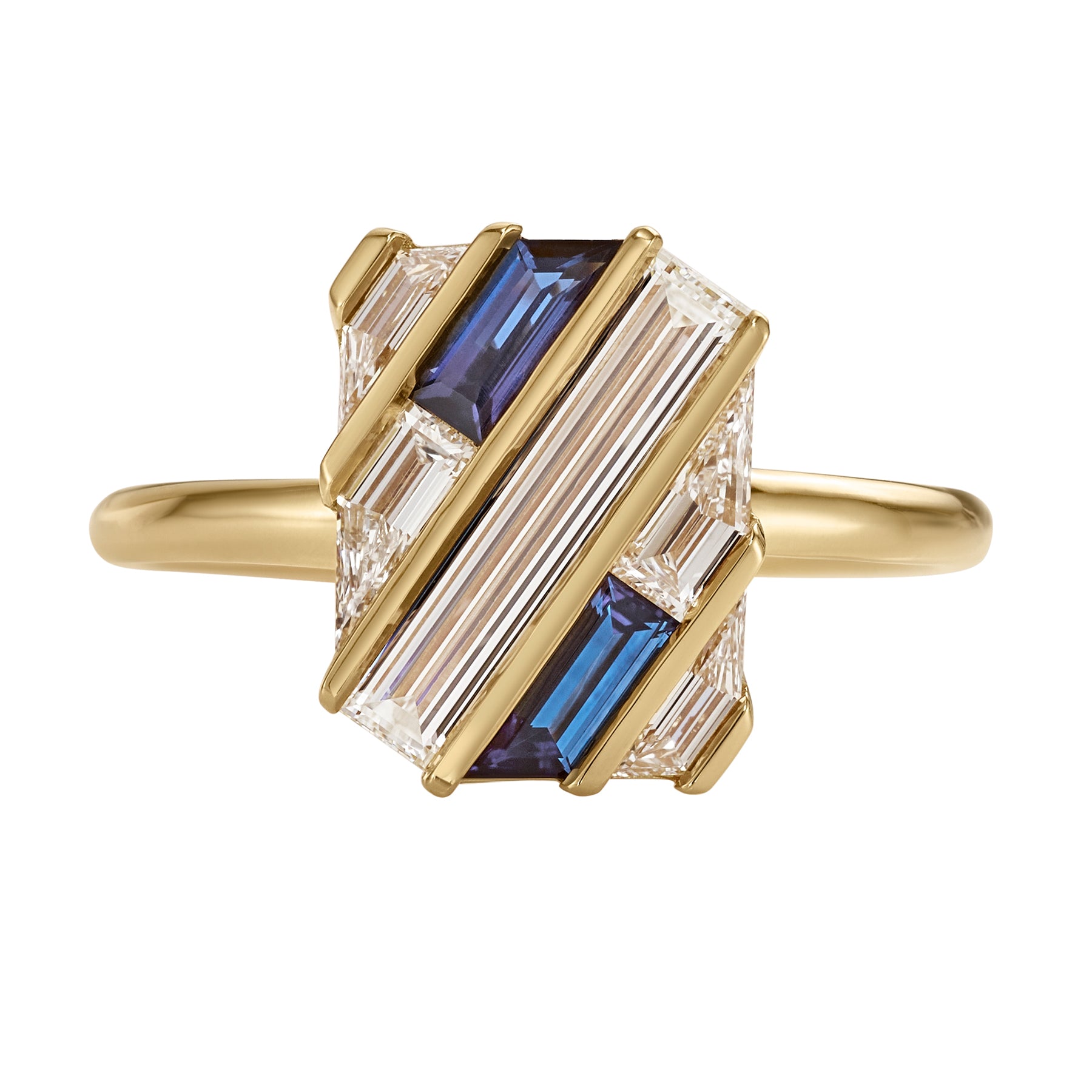 Lab Grown Diamond & Sapphire Quilted Gold Bar Engagement Ring for Women - Elegant Promise & Wedding Band for Brides, Anniversaries & Special Occasions
