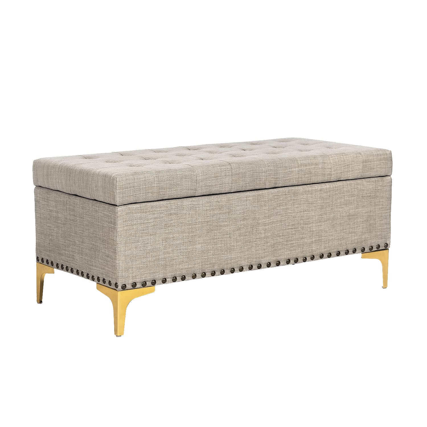 Tufted Linen Storage Ottoman Bench with Metal Legs - Rectangular Footrest, Toy Chest & Coffee Table for Bedroom, Living Room & Entryway (Beige) | Perfect for Small Space Organization, Extra Seating & Stylish Home Decor