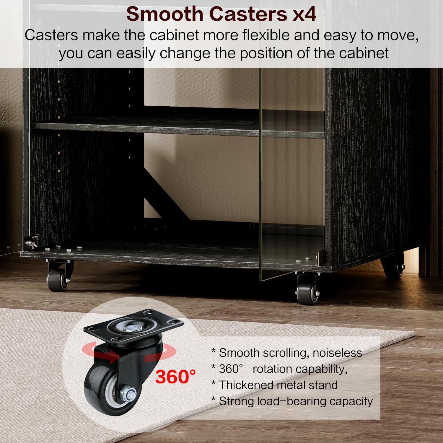 YYJ Modern Rolling AV Media Stand with 4 Adjustable Shelves & Glass Doors - Entertainment Storage Cabinet for Gaming, TV, Stereo Components - Perfect for Living Room & Home Theater Setup