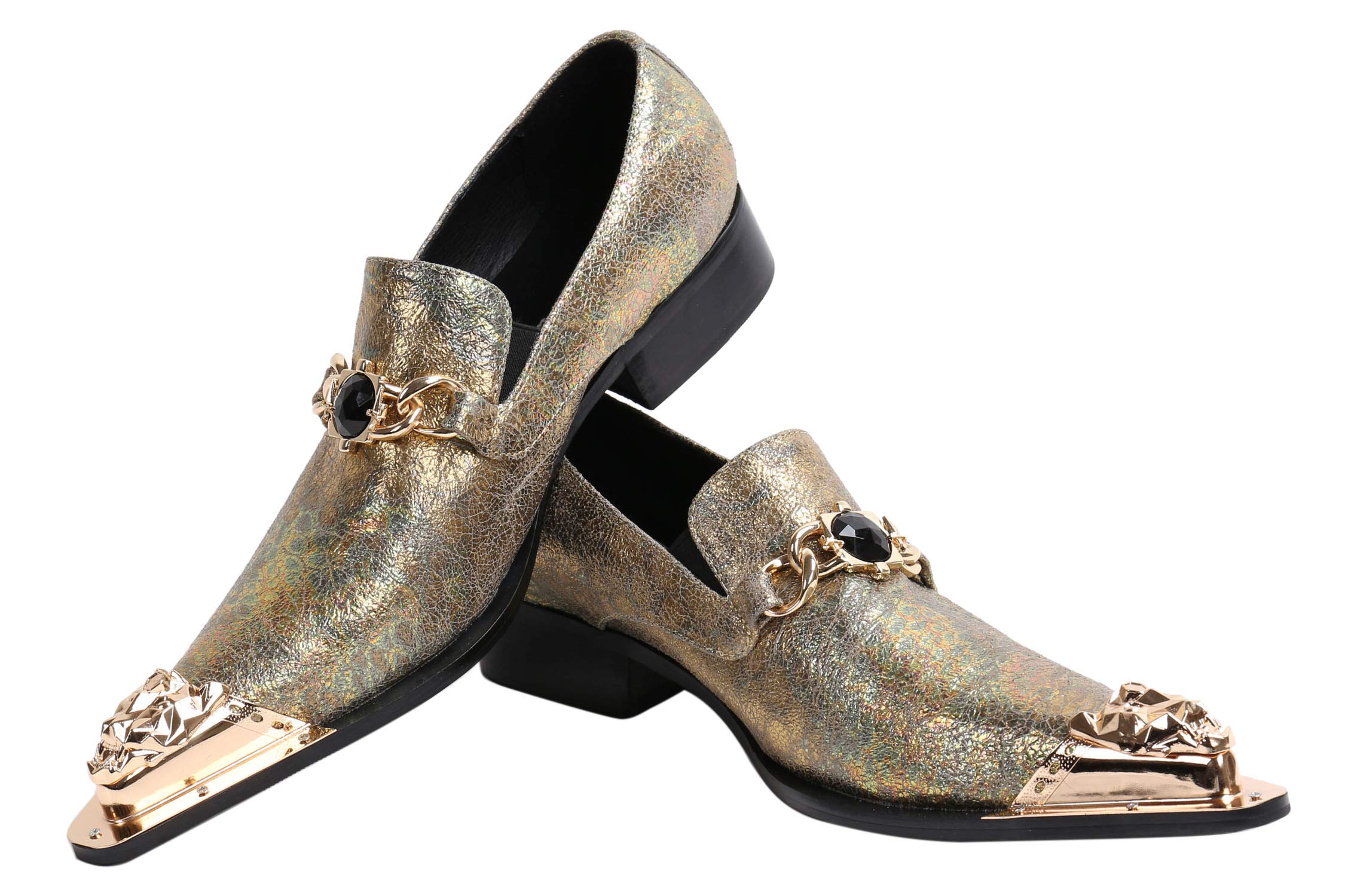 Santimon Men's Pointed Toe Loafers - Genuine Leather Western Dress Shoes with Rhinestone Buckle & Metal Tip | Perfect for Casual Wear, Office & Special Occasions