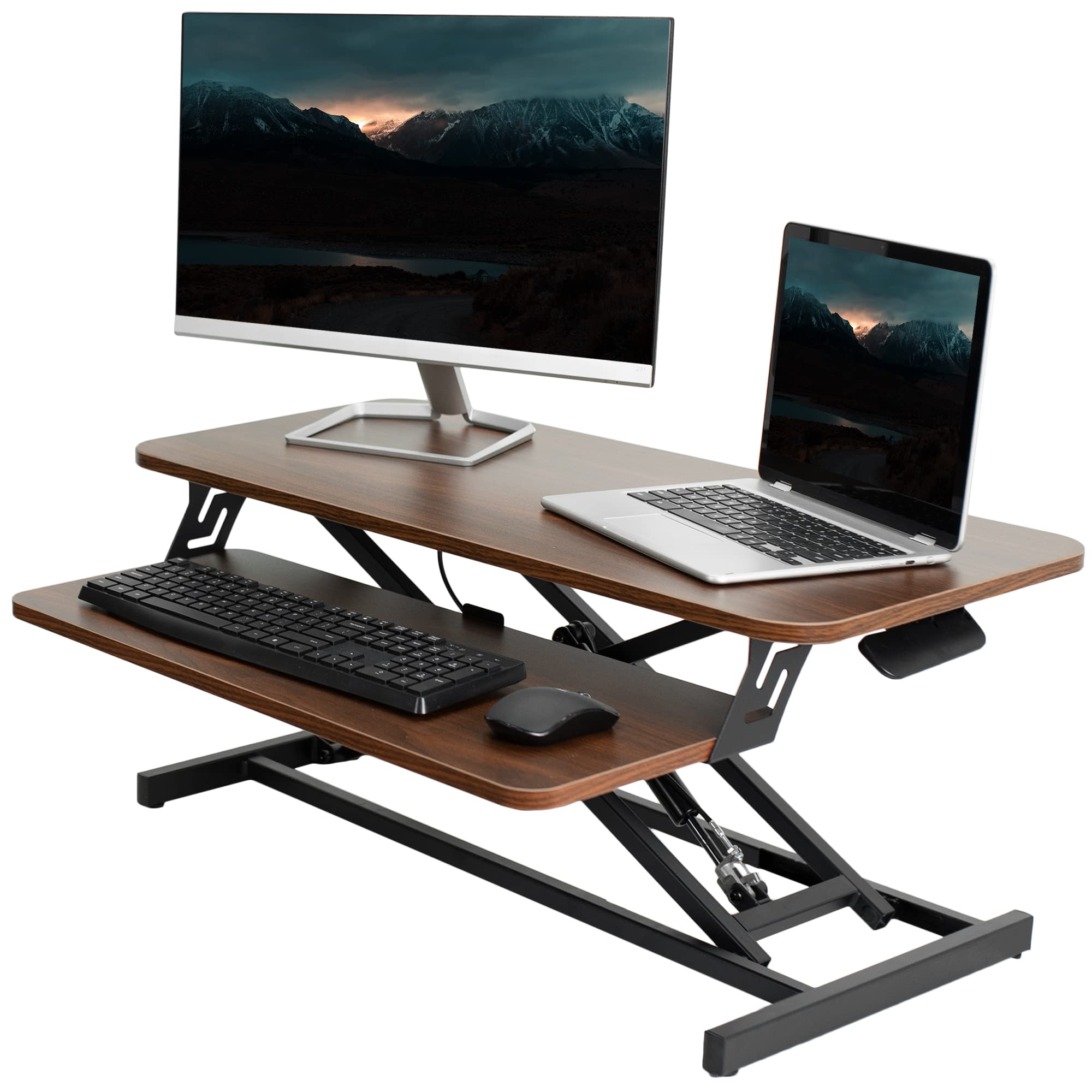 VIVO 32 Inch Height Adjustable Stand Up Desk Converter - Quick Sit to Stand Dual Monitor Riser Workstation with Dark Walnut Desktop & Black Frame (DESK-V000SD) - Perfect for Home Office, Gaming Setup, and Ergonomic Workspace