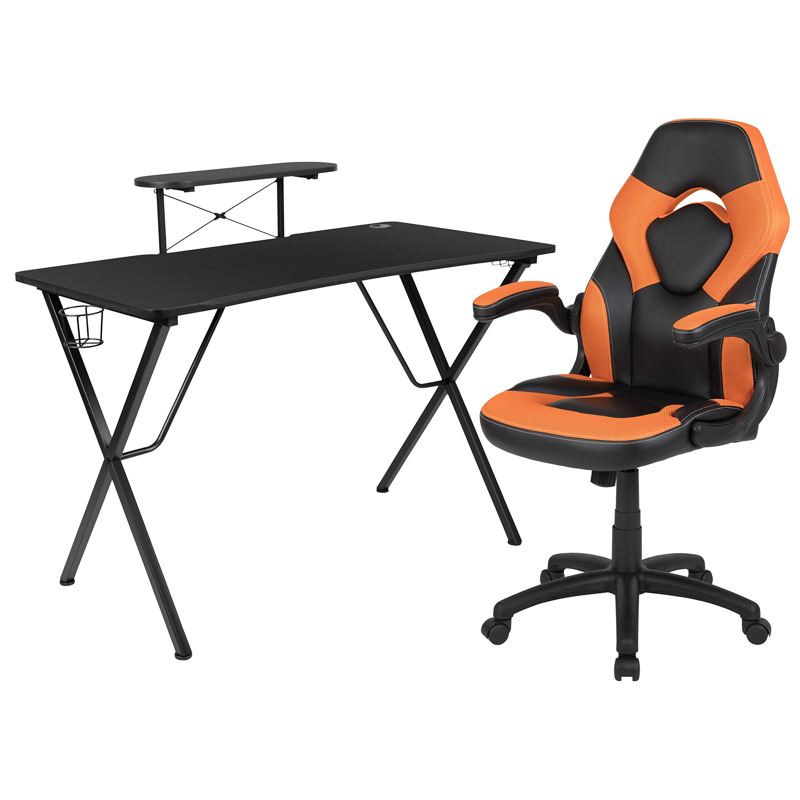 EMMA + OLIVER Black & Orange Gaming Desk Set with Headphone Hook & Monitor Stand - Perfect for PC Gaming Setup, Streaming & Home Office Workspace