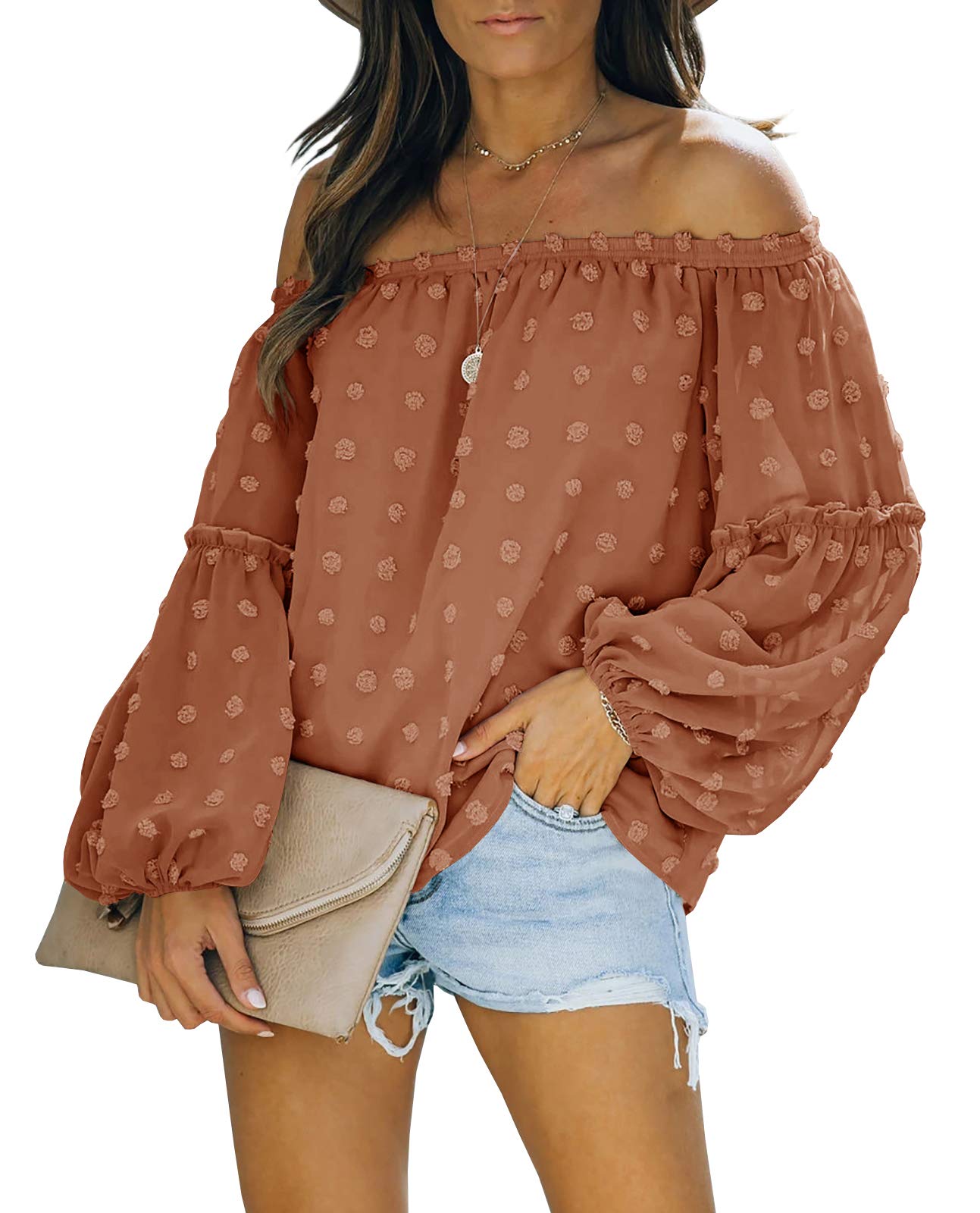 Beautife Women's Summer Off Shoulder Chiffon Long Bell Sleeve T-Shirt Blouse - Casual Flowy Top for Beach, Date Night & Vacation Outfits