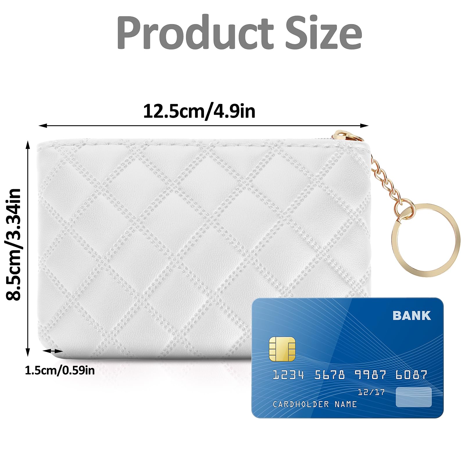 Simarro Small Coin Purse - Double Embossed Rhombus PU Leather Zipper Wallet - Compact Keychain Mini Purse for Women & Men - Perfect for Coins, Keys & Cards (White)