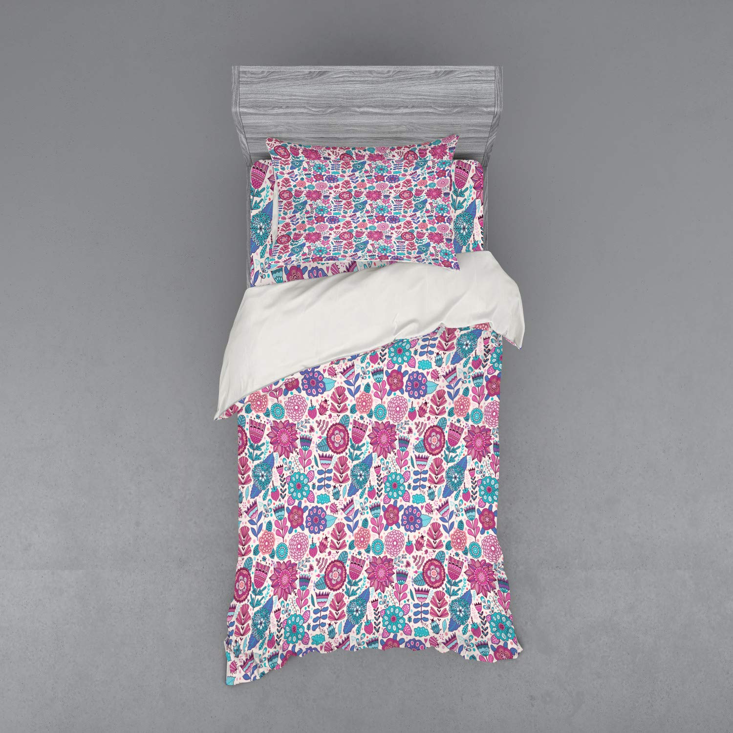 Ambesonne 3-Piece Garden Bedding Set - Doodle Peonies Tulips Berries Bugs Botanical Print Duvet Cover with Sham & Fitted Sheet, Twin XL, Sky Blue Magenta Violet Blue - Perfect for Spring Bedroom Decor & Guest Room Styling