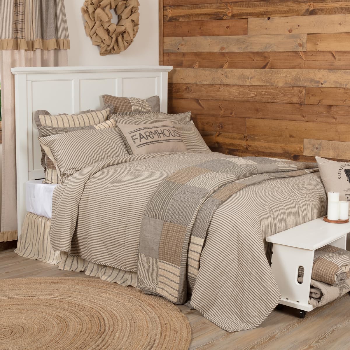 Sawyer Mill Ticking Stripe Quilt Queen Size 90x90 Inches - Charcoal Grey Cotton Bedspread for Cozy Bedroom Decor | Perfect for Guest Rooms & Master Bedrooms