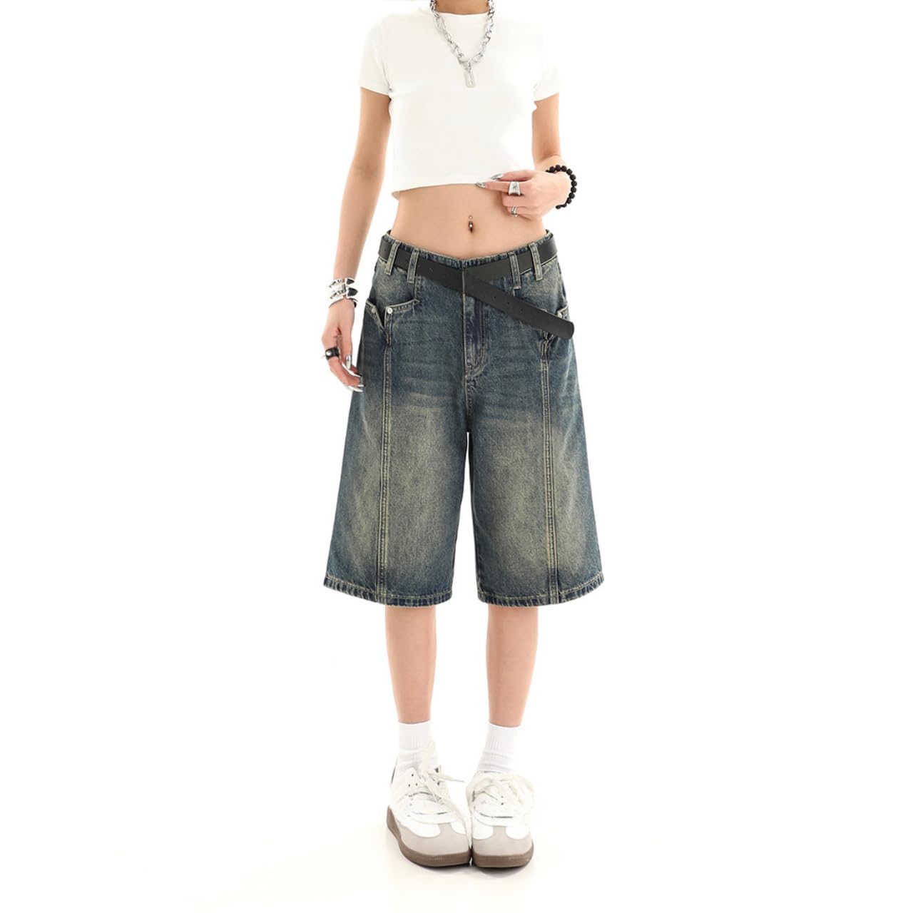 POHADON Women's Y2K Baggy Denim Shorts - Knee Length Bermuda Jorts with Pockets | 2025 Trendy Loose Fit Casual Summer Shorts | Perfect for Beach Outings, Music Festivals & Streetwear Fashion