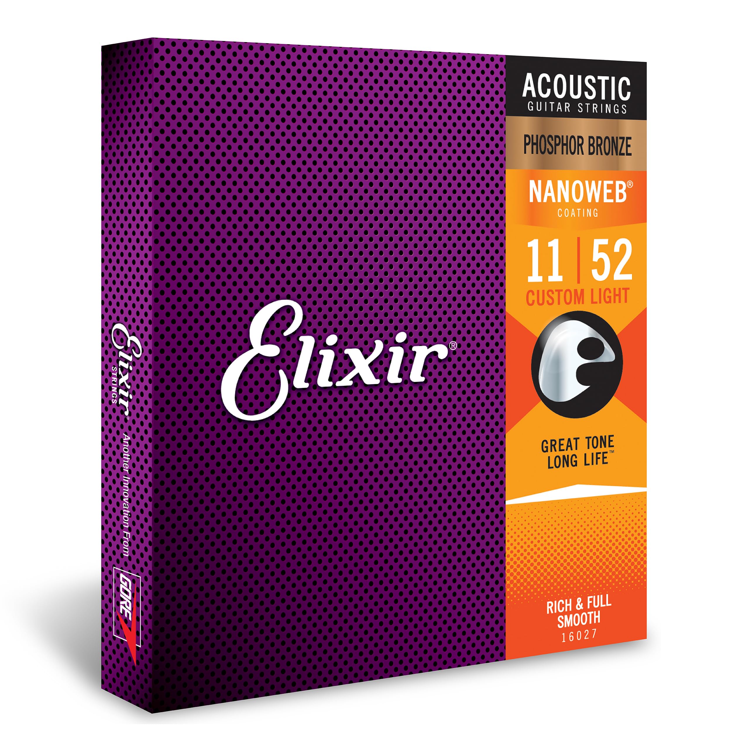 Elixir Acoustic Guitar Strings - Phosphor Bronze with NANOWEB Coating | Long-Lasting Rich Tone & Comfortable Feel | 6-String Set Custom Light 11-52 | Perfect for Live Performances, Studio Recording & Practice Sessions