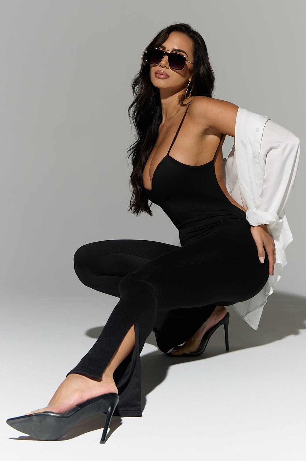 Elegant Black Spaghetti Strap V-Neck Open Back Slit Jumpsuit for Women - Sexy Party Dress, Clubwear & Evening Outfits for Night Out, Date Night & Special Occasions