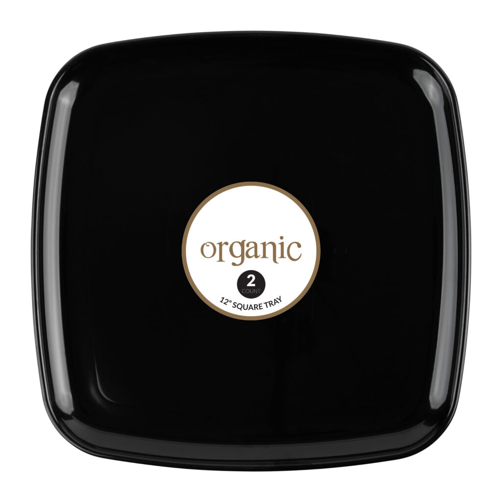 12 Inch Black Square Organic Bamboo Serving Tray Set of 2 - Eco-Friendly Appetizer Plates for Party, Wedding, Picnic & Home Decor