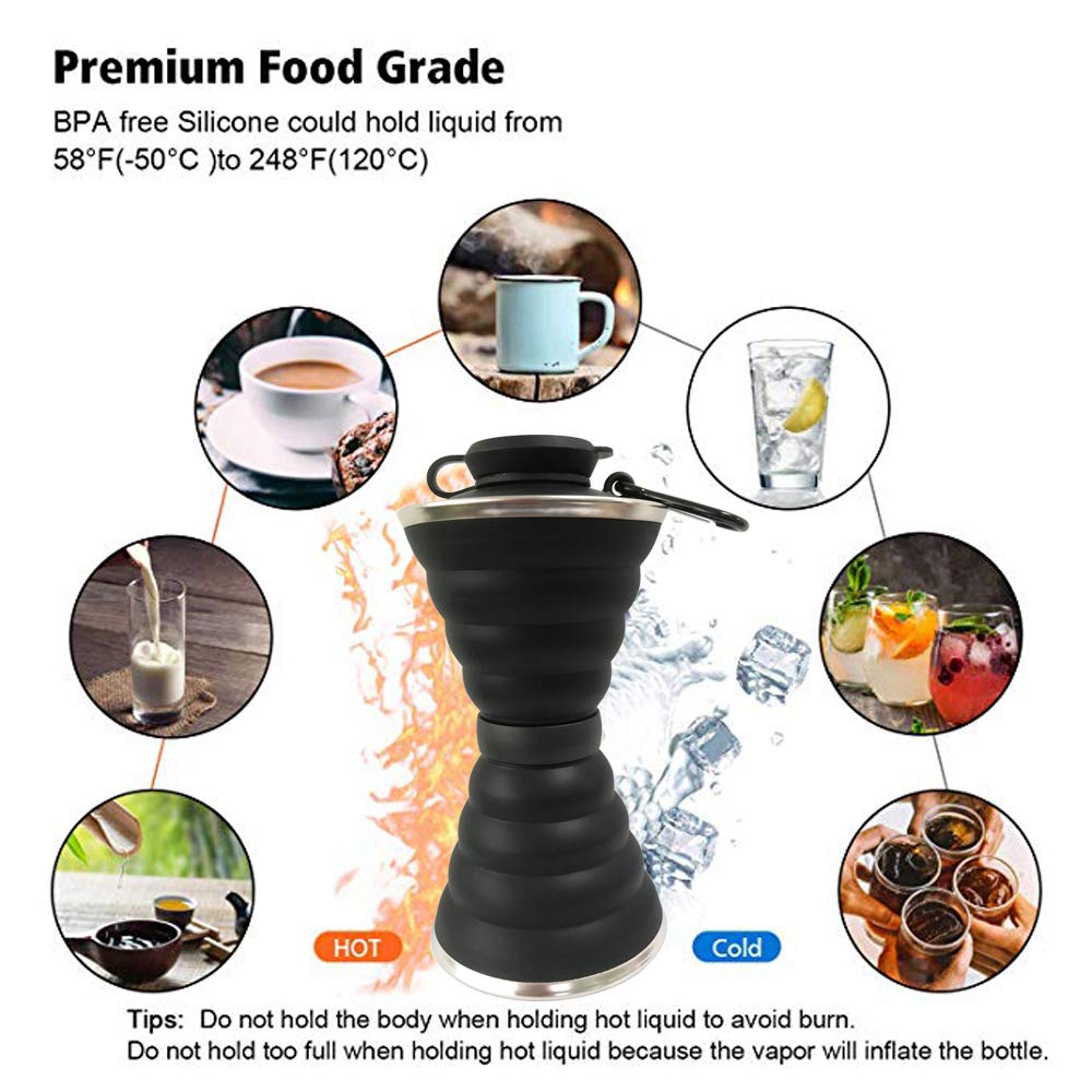Collapsible Water Bottle with Carabiner - Reusable Silicone Foldable Leak Proof Sports Water Bottle for Camping, Hiking, Travel, Gym & Cycling - BPA Free Portable Outdoor Cup - Perfect for Backpacking, Workouts and Adventure Trips