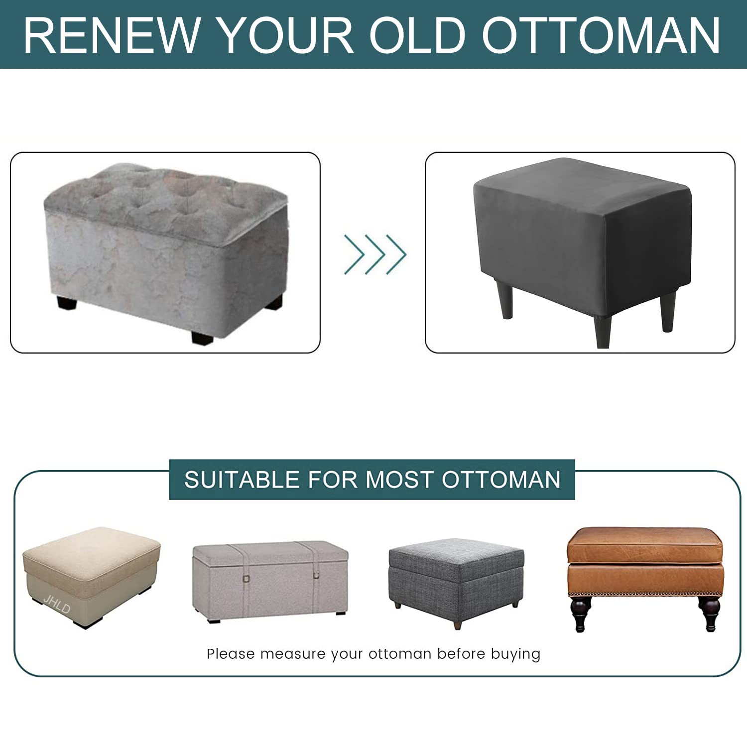 Velvet Ottoman Cover Rectangle & Square - Stretchable Footstool Slipcover Protector - Washable & Removable Storage Ottoman Cover for Living Room, Bedroom, Office - Black (1 Piece) - Perfect for Home Decor & Furniture Protection