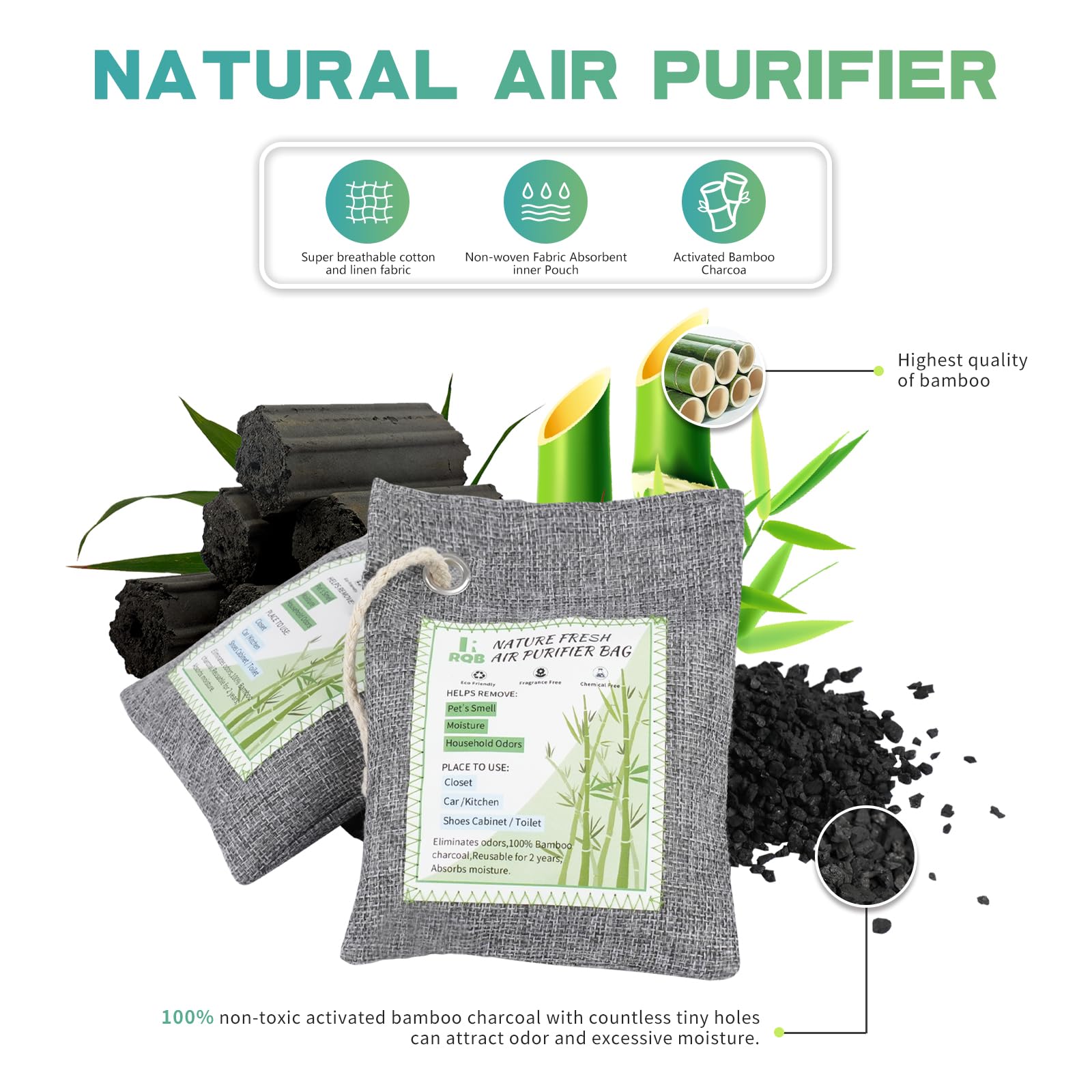 6 Pack Activated Charcoal Odor Absorber Bags - Natural Bamboo Charcoal Air Purifier for Home, Closet, Shoes & Car | Eliminates Odors, Moisture & Freshens Air | Ideal for Pet Areas, Gym Bags & Musty Spaces