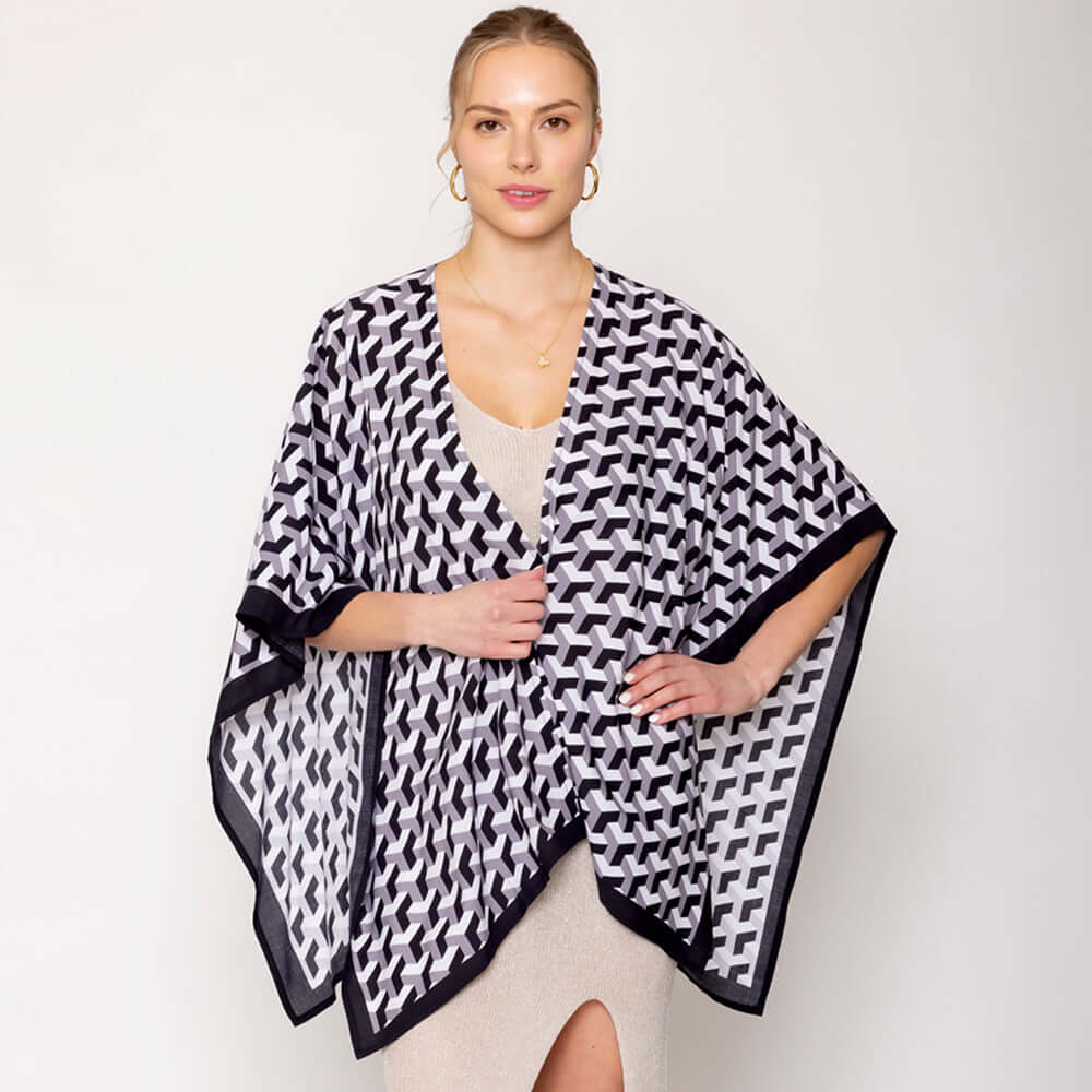 Stylish Black & White Geometric Print Ruana Poncho Shawl Wrap - Perfect for Fall Fashion, Casual Outings & Boho Chic Looks