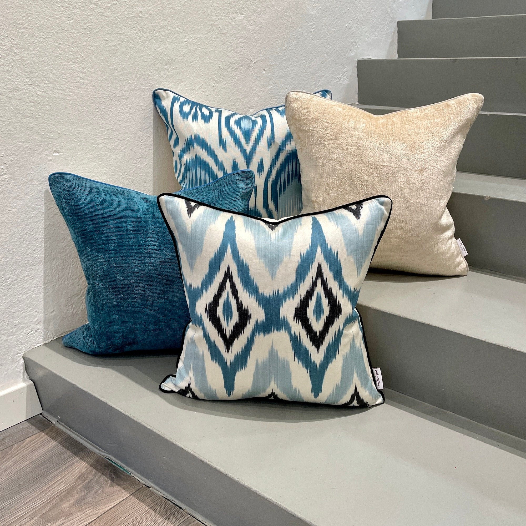 Luxury Silk Ikat Cushion with Feather Insert - Bohemian Home Decor Pillow for Sofa, Bed & Living Room