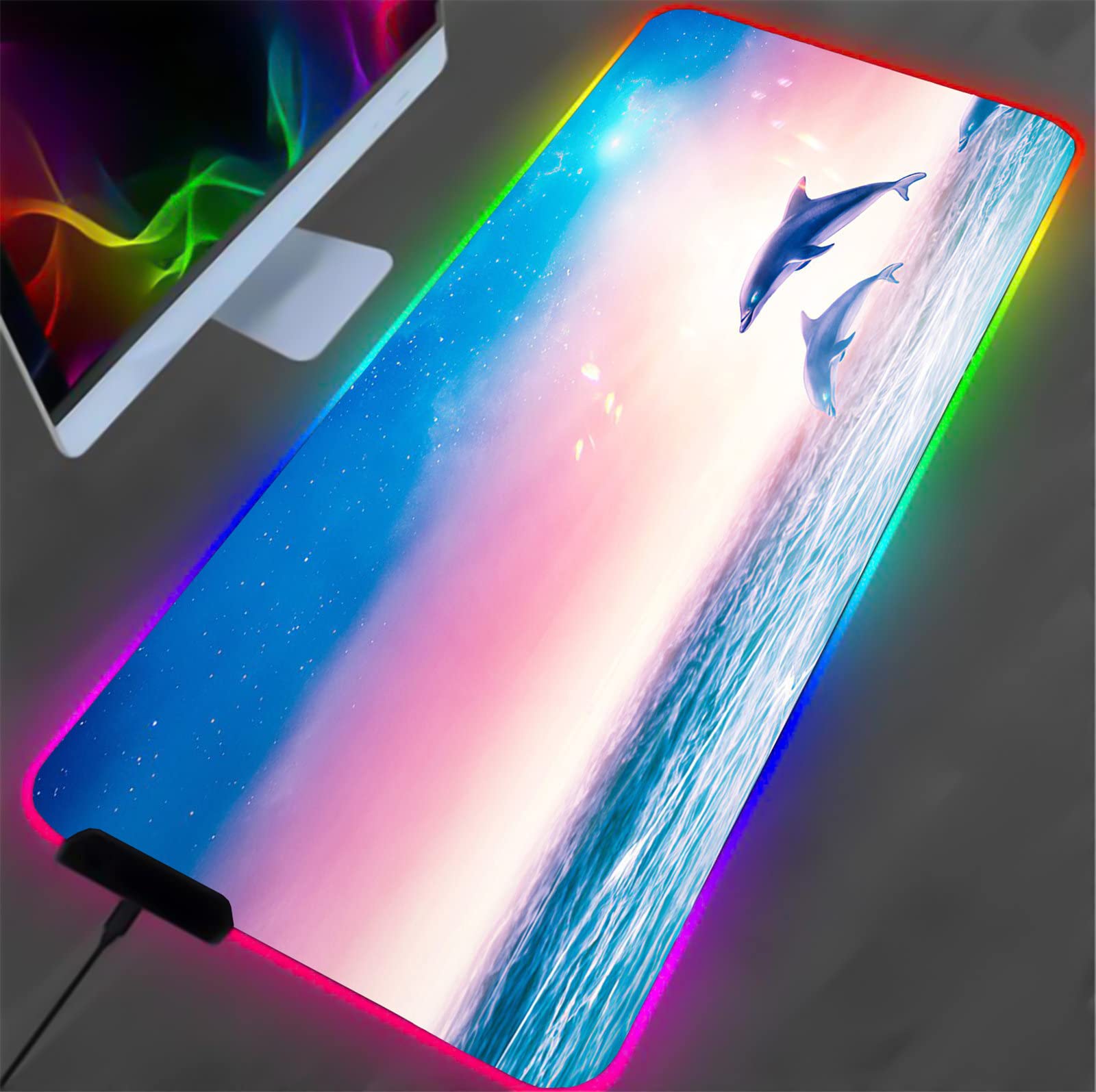 RGB Gaming Mouse Pad - Pink & Blue Sunset Ocean Design, Large 900x400mm Non-Slip Desk Mat for Computer, Keyboard & Mouse | Perfect for Gamers, Office & Home Workspace Setup