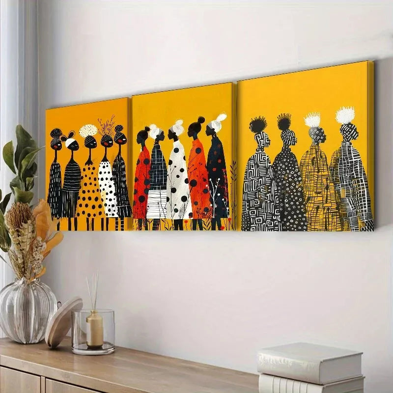 3-Piece African Women Group Yellow Background Wall Art Canvas Set - Framed 50x70cm High Quality Print | 100% Australian Made | Ready to Hang | Perfect for Living Room, Bedroom & Office Decor