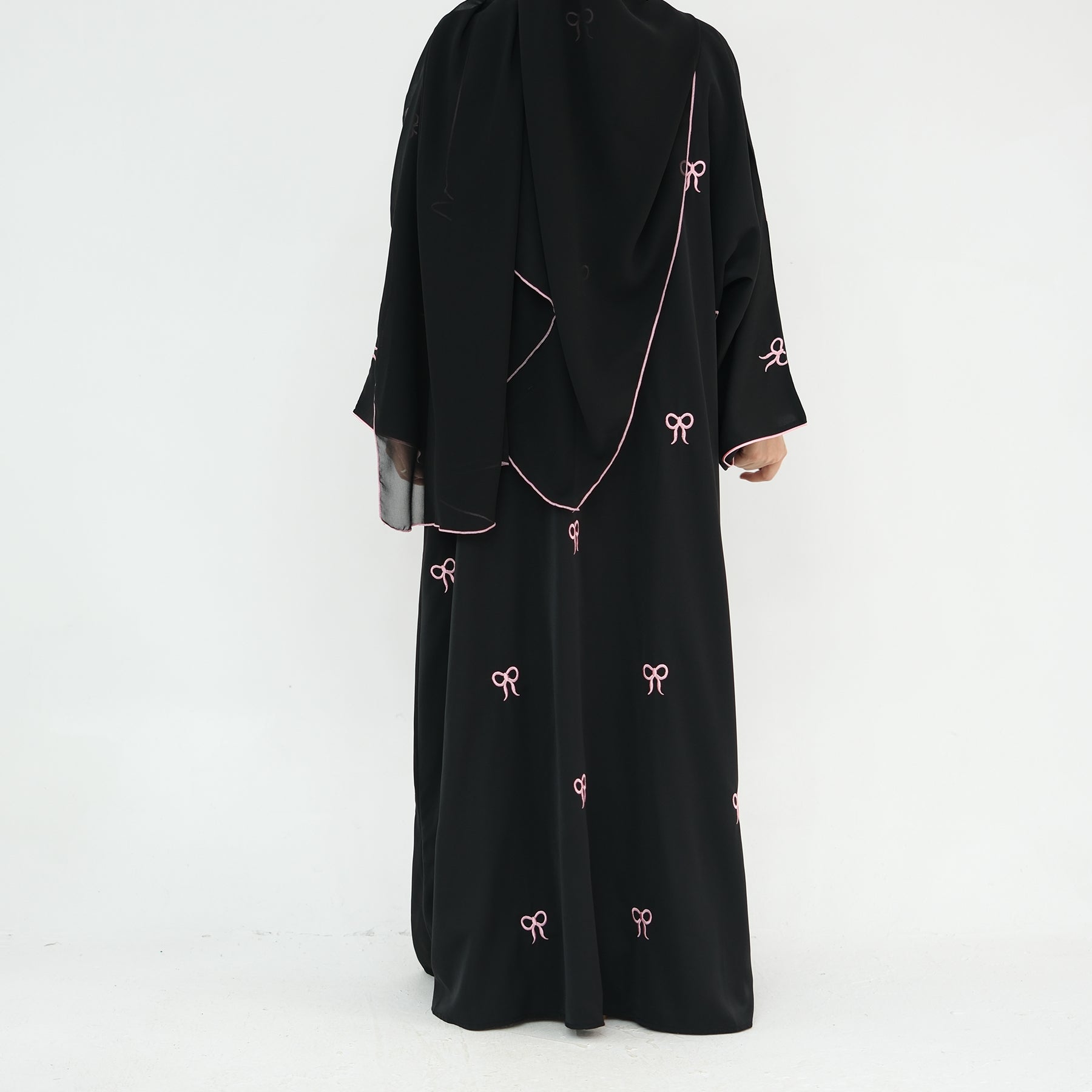 Elegant Iona Bowtie Open Abaya Kimono Set - Black | Modest Muslim Fashion for Women | Perfect for Prayer, Eid, and Special Occasions