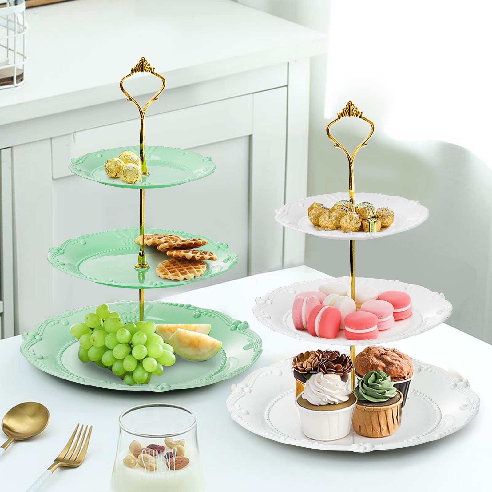 Fasmov 3-Pack 3-Tier Plastic Cupcake Stand - Reusable Dessert Display Tower for Cakes, Fruits & Candies | Perfect for Wedding, Birthday, Baby Shower & Tea Party Decorations (White, Pink, Green) - Elegant Dessert Serving Solution for Home, Bakery & Catering Events