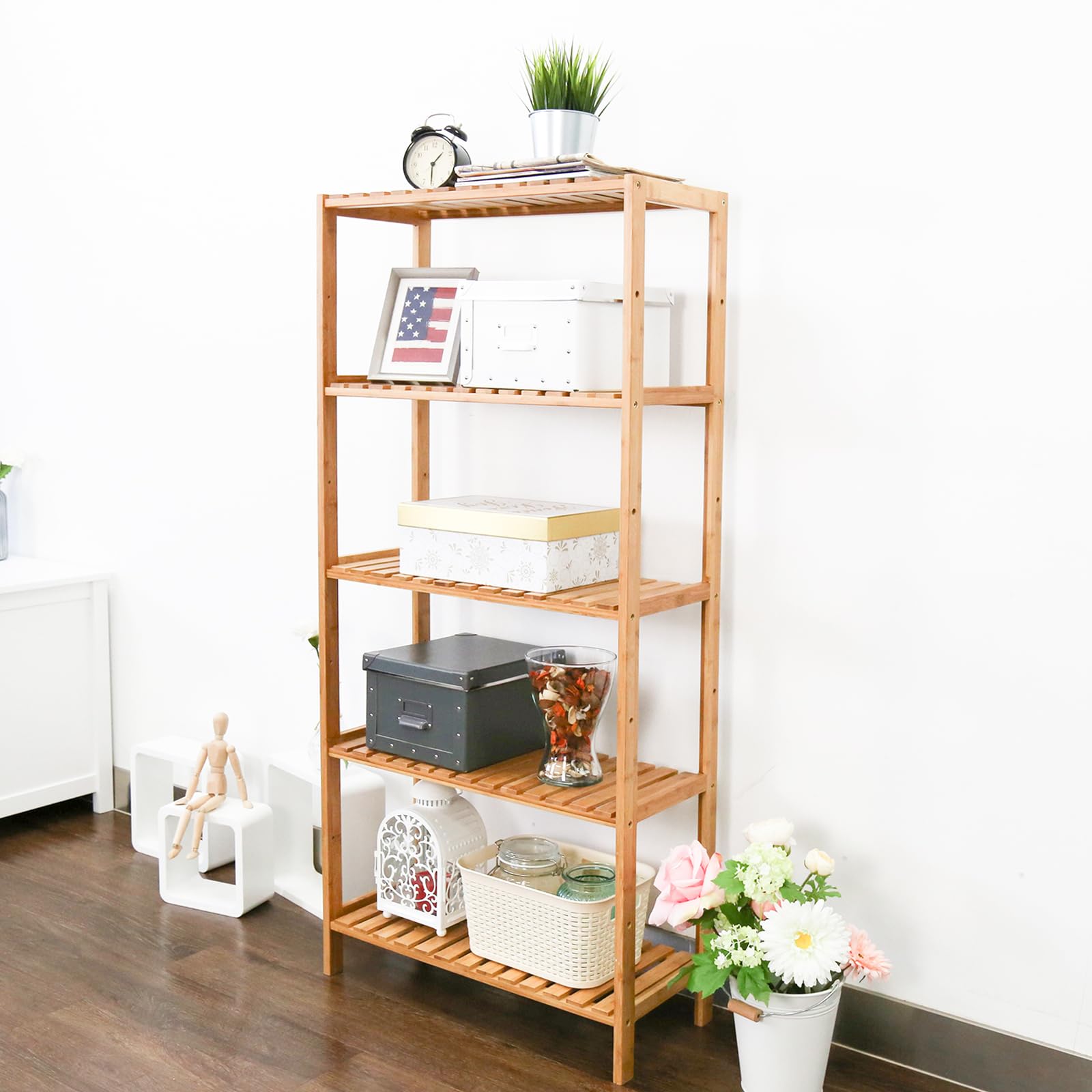 5-Tier Bamboo Bathroom Shelf Organizer - Space-Saving Storage Rack for Bathroom, Kitchen & Living Room - Perfect for Towels, Toiletries, Spices & Decorative Items