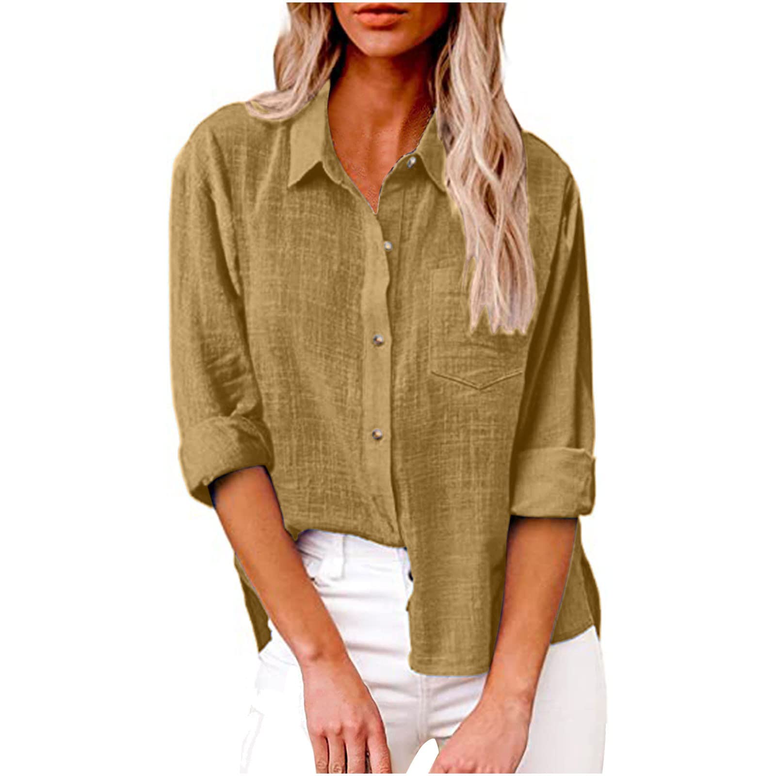 Women's Long Sleeve Linen Blouse with One Button Lapel - Elegant Work & Casual Slim Fit Cotton Top for Office, Date Night and Spring Outfits