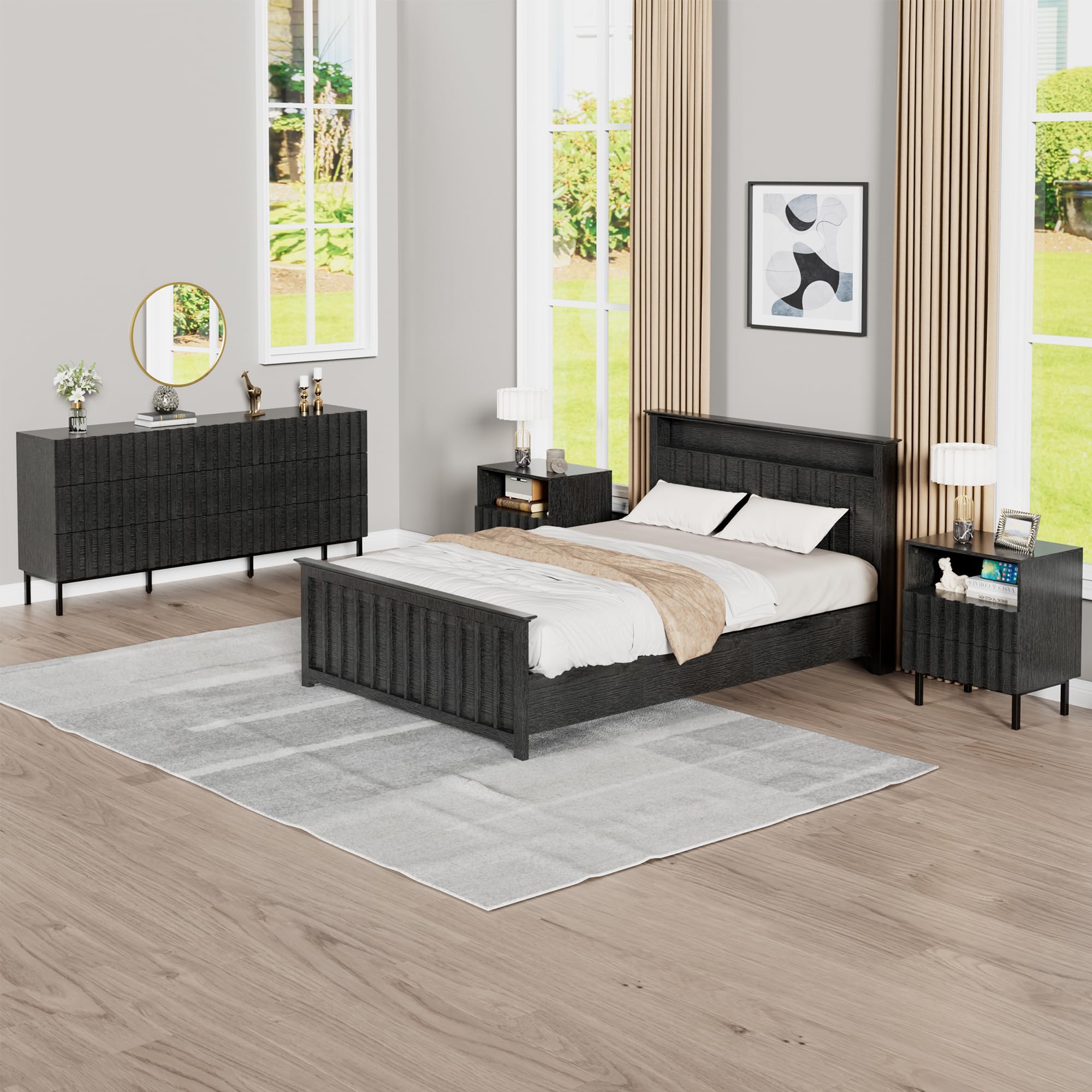 Black 9-Drawer Dresser and Nightstand Set - Modern Fluted Bedroom Chest of Drawers with Matching Nightstands (3-Piece) | Perfect for Master Bedroom, Guest Room & Apartment Furniture